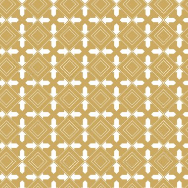Haçlı, çizgili, çizgili soyut geometrik desen. Kusursuz vektör arkaplanı. Beyaz ve altın süs. Modern retiküle grafik tasarımı.