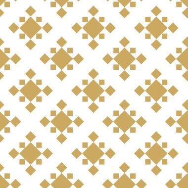 Kareler, çizgiler ve çizgilerle soyut geometrik desen. Kusursuz vektör arkaplanı. Beyaz ve altın süs. Modern grafik tasarımı.