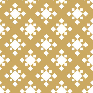 Kareler, çizgiler ve çizgilerle soyut geometrik desen. Kusursuz vektör arkaplanı. Beyaz ve altın süs. Modern grafik tasarımı.