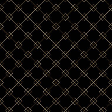 Kareler, çizgiler ve çizgilerle soyut geometrik desen. Kusursuz vektör arkaplanı. Siyah ve altın süs. Modern grafik tasarımı.
