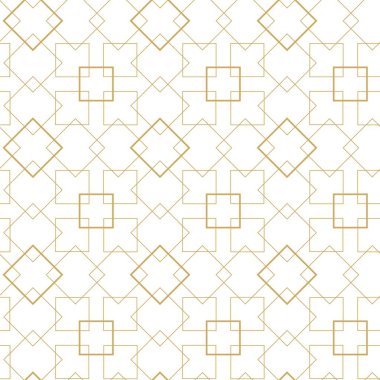 Kareler, çizgiler ve çizgilerle soyut geometrik desen. Kusursuz vektör arkaplanı. Beyaz ve altın süs. Modern grafik tasarımı.