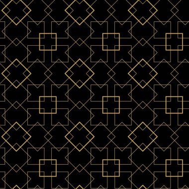 Kareler, çizgiler ve çizgilerle soyut geometrik desen. Kusursuz vektör arkaplanı. Siyah ve altın süs. Modern grafik tasarımı.