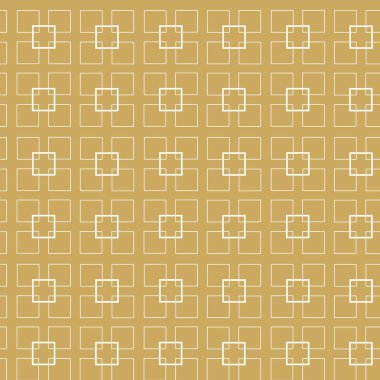 Kareler, çizgiler ve çizgilerle soyut geometrik desen. Kusursuz vektör arkaplanı. Beyaz ve altın süs. Modern grafik tasarımı.