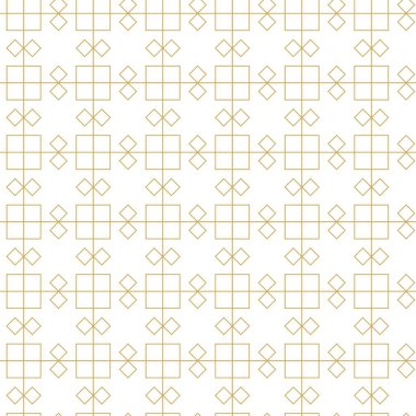 Kareler, çizgiler ve çizgilerle soyut geometrik desen. Kusursuz vektör arkaplanı. Beyaz ve altın süs. Modern grafik tasarımı.