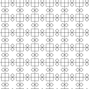 Kareler, çizgiler ve çizgilerle soyut geometrik desen. Kusursuz vektör arkaplanı. Beyaz ve siyah süs. Modern grafik tasarımı.