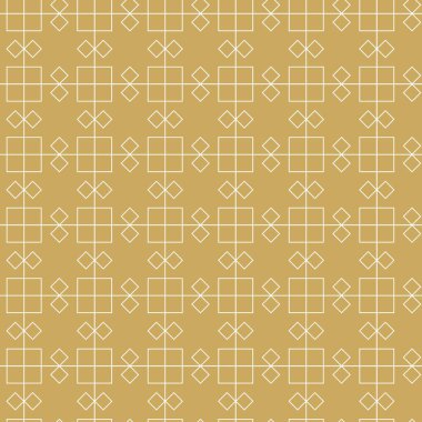 Kareler, çizgiler ve çizgilerle soyut geometrik desen. Kusursuz vektör arkaplanı. Beyaz ve altın süs. Modern grafik tasarımı.