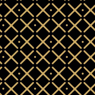 Haçlı, çizgili, çizgili soyut geometrik desen. Kusursuz vektör arkaplanı. Siyah ve altın süs. Modern retiküle grafik tasarımı.