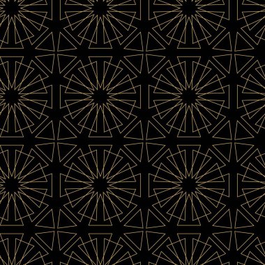Dairesel, haçlı, çizgili, çizgili soyut geometrik desen. Kusursuz vektör arkaplanı. Siyah ve altın süs. Modern retiküle grafik tasarımı.