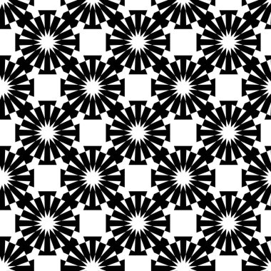 Dairesel, haçlı, çizgili, çizgili soyut geometrik desen. Kusursuz vektör arkaplanı. Beyaz ve siyah süs. Modern retiküle grafik tasarımı.