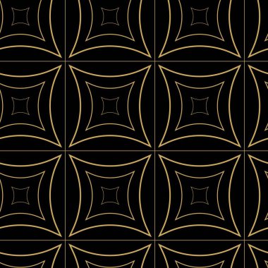 Haçlı, çizgili, çizgili soyut geometrik desen. Kusursuz vektör arkaplanı. Siyah ve altın süs. Modern retiküle grafik tasarımı.