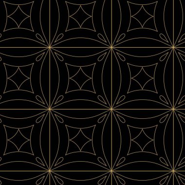 Haçlı, çizgili, çizgili soyut geometrik desen. Kusursuz vektör arkaplanı. Siyah ve altın süs. Modern retiküle grafik tasarımı.