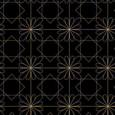 Haçlı, çizgili, çizgili soyut geometrik desen. Kusursuz vektör arkaplanı. Siyah ve altın süs. Modern retiküle grafik tasarımı.