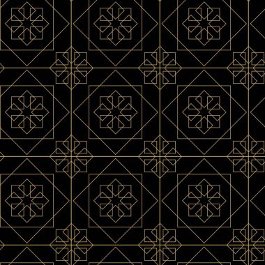 Haçlı, çizgili, çizgili soyut geometrik desen. Kusursuz vektör arkaplanı. Siyah ve altın süs. Modern retiküle grafik tasarımı.