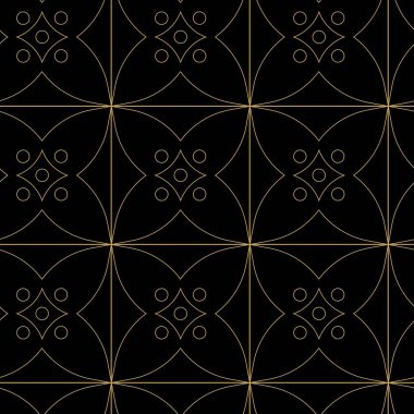 Haçlı, çizgili, çizgili soyut geometrik desen. Kusursuz vektör arkaplanı. Siyah ve altın süs. Modern retiküle grafik tasarımı.