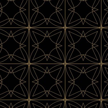 Haçlı, çizgili, çizgili soyut geometrik desen. Kusursuz vektör arkaplanı. Siyah ve altın süs. Modern retiküle grafik tasarımı.