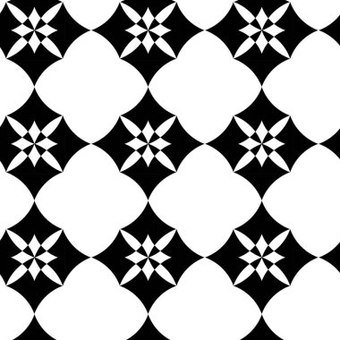 Kareler, çizgiler ve çizgilerle soyut geometrik desen. Kusursuz vektör arkaplanı. Beyaz ve siyah süs. Modern grafik tasarımı.