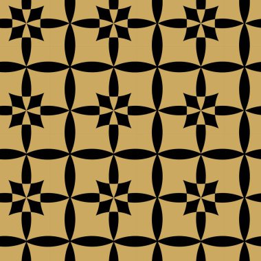 Kareler, çizgiler ve çizgilerle soyut geometrik desen. Kusursuz vektör arkaplanı. Siyah ve altın süs. Modern grafik tasarımı.