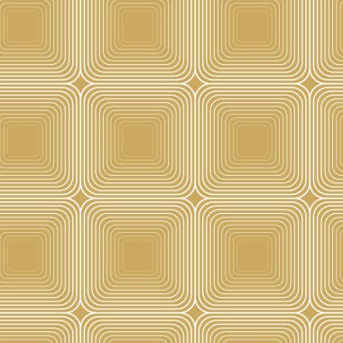 Kareler, çizgiler ve çizgilerle soyut geometrik desen. Kusursuz vektör arkaplanı. Beyaz ve altın süs. Modern grafik tasarımı.