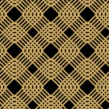 Kareler, çizgiler ve çizgilerle soyut geometrik desen. Kusursuz vektör arkaplanı. Siyah ve altın süs. Modern grafik tasarımı.