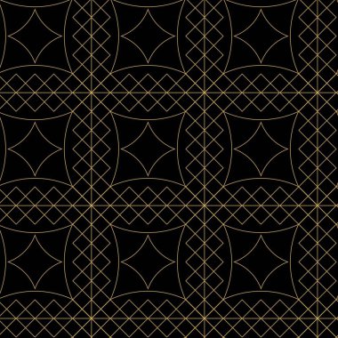 Kareler, çizgiler ve çizgilerle soyut geometrik desen. Kusursuz vektör arkaplanı. Siyah ve altın süs. Modern grafik tasarımı.