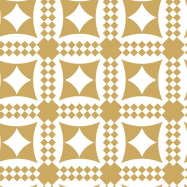 Kareler, çizgiler ve çizgilerle soyut geometrik desen. Kusursuz vektör arkaplanı. Beyaz ve altın süs. Modern grafik tasarımı.