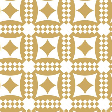 Kareler, çizgiler ve çizgilerle soyut geometrik desen. Kusursuz vektör arkaplanı. Beyaz ve altın süs. Modern grafik tasarımı.