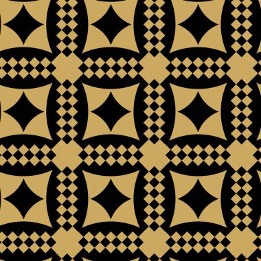 Kareler, çizgiler ve çizgilerle soyut geometrik desen. Kusursuz vektör arkaplanı. Siyah ve altın süs. Modern grafik tasarımı.