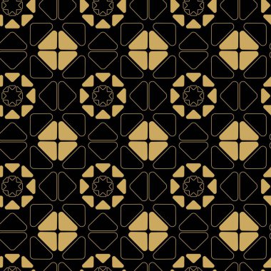 Haçlı, çizgili, çizgili soyut geometrik desen. Kusursuz vektör arkaplanı. Siyah ve altın süs. Modern retiküle grafik tasarımı.