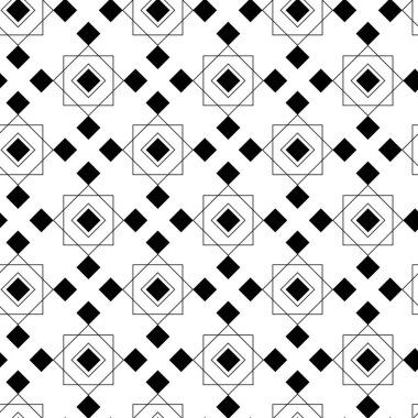 Kareler, çizgiler ve çizgilerle soyut geometrik desen. Kusursuz vektör arkaplanı. Beyaz ve siyah süs. Modern grafik tasarımı.