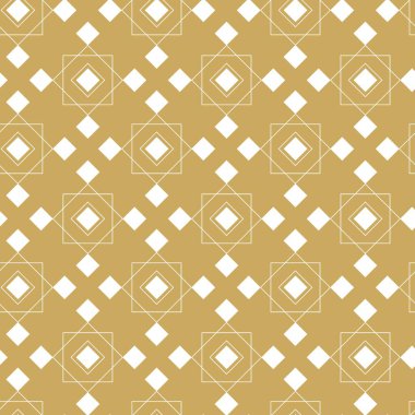 Kareler, çizgiler ve çizgilerle soyut geometrik desen. Kusursuz vektör arkaplanı. Beyaz ve altın süs. Modern grafik tasarımı.