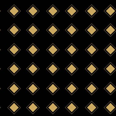 Kareler, çizgiler ve çizgilerle soyut geometrik desen. Kusursuz vektör arkaplanı. Siyah ve altın süs. Modern grafik tasarımı.