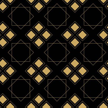 Kareler, çizgiler ve çizgilerle soyut geometrik desen. Kusursuz vektör arkaplanı. Siyah ve altın süs. Modern grafik tasarımı.