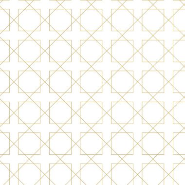 Kareler, çizgiler ve çizgilerle soyut geometrik desen. Kusursuz vektör arkaplanı. Beyaz ve altın süs. Modern grafik tasarımı.