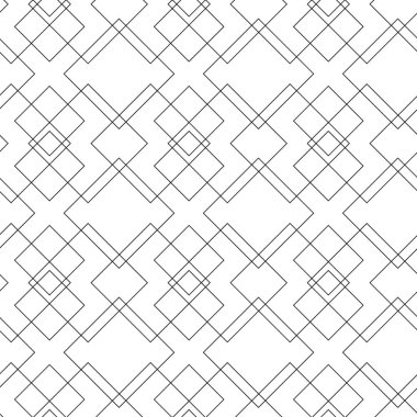 Kareler, çizgiler ve çizgilerle soyut geometrik desen. Kusursuz vektör arkaplanı. Beyaz ve siyah süs. Modern grafik tasarımı.