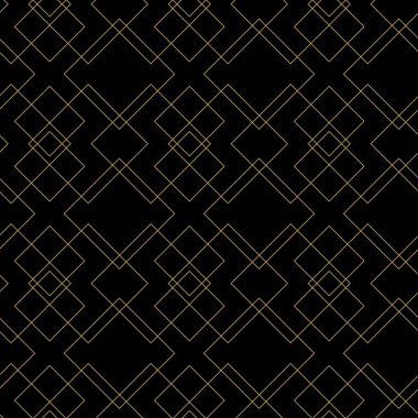 Kareler, çizgiler ve çizgilerle soyut geometrik desen. Kusursuz vektör arkaplanı. Siyah ve altın süs. Modern grafik tasarımı.