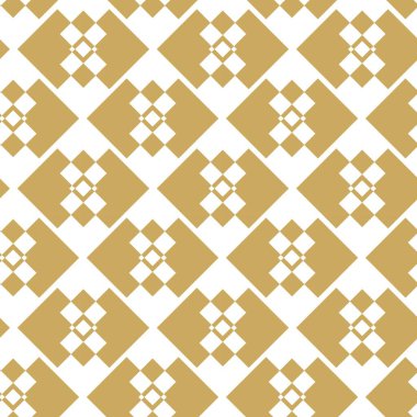 Kareler, çizgiler ve çizgilerle soyut geometrik desen. Kusursuz vektör arkaplanı. Beyaz ve altın süs. Modern grafik tasarımı.