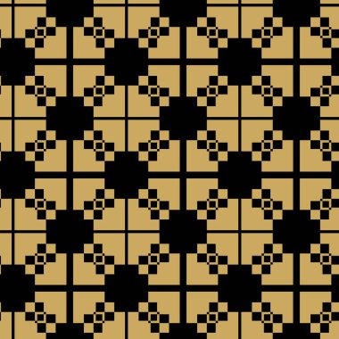 Kareler, çizgiler ve çizgilerle soyut geometrik desen. Kusursuz vektör arkaplanı. Siyah ve altın süs. Modern grafik tasarımı.
