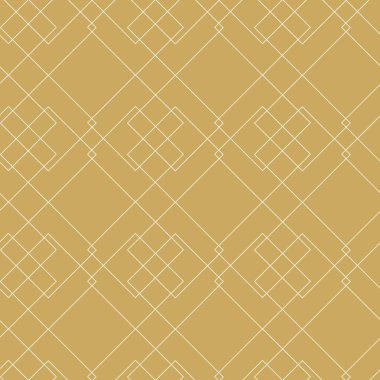 Kareler, çizgiler ve çizgilerle soyut geometrik desen. Kusursuz vektör arkaplanı. Beyaz ve altın süs. Modern grafik tasarımı.