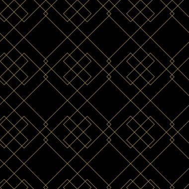 Kareler, çizgiler ve çizgilerle soyut geometrik desen. Kusursuz vektör arkaplanı. Siyah ve altın süs. Modern grafik tasarımı.