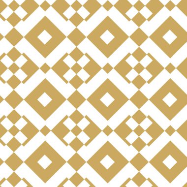 Kareler, çizgiler ve çizgilerle soyut geometrik desen. Kusursuz vektör arkaplanı. Beyaz ve altın süs. Modern grafik tasarımı.