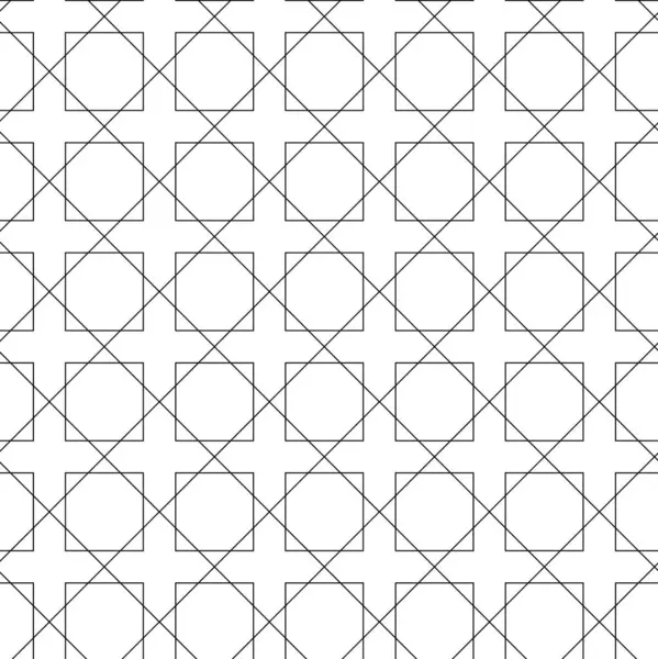 Kareler, çizgiler ve çizgilerle soyut geometrik desen. Kusursuz vektör arkaplanı. Beyaz ve siyah süs. Modern grafik tasarımı.