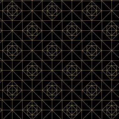 Haçlı, çizgili, çizgili soyut geometrik desen. Kusursuz vektör arkaplanı. Siyah ve altın süs. Modern retiküle grafik tasarımı.