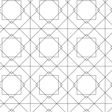 Haçlı, çizgili, çizgili soyut geometrik desen. Kusursuz vektör arkaplanı. Beyaz ve siyah süs. Modern retiküle grafik tasarımı.