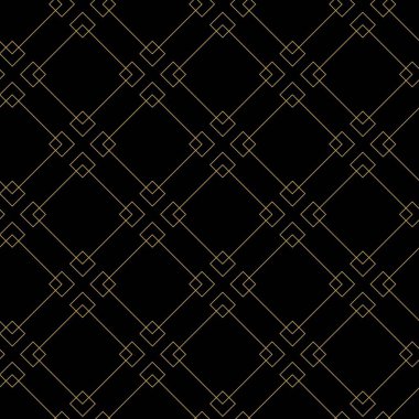 Kareler, çizgiler ve çizgilerle soyut geometrik desen. Kusursuz vektör arkaplanı. Siyah ve altın süs. Modern grafik tasarımı.