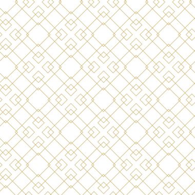 Kareler, çizgiler ve çizgilerle soyut geometrik desen. Kusursuz vektör arkaplanı. Beyaz ve altın süs. Modern grafik tasarımı.