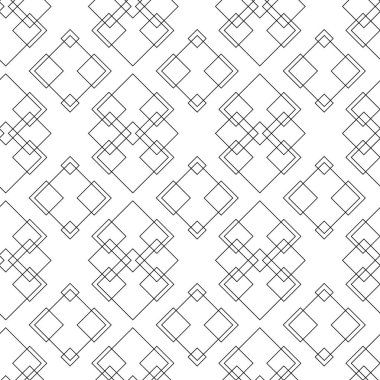 Kareler, çizgiler ve çizgilerle soyut geometrik desen. Kusursuz vektör arkaplanı. Beyaz ve siyah süs. Modern grafik tasarımı.