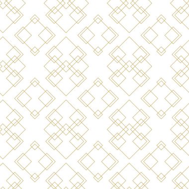 Kareler, çizgiler ve çizgilerle soyut geometrik desen. Kusursuz vektör arkaplanı. Beyaz ve altın süs. Modern grafik tasarımı.