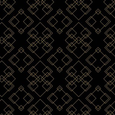 Kareler, çizgiler ve çizgilerle soyut geometrik desen. Kusursuz vektör arkaplanı. Siyah ve altın süs. Modern grafik tasarımı.
