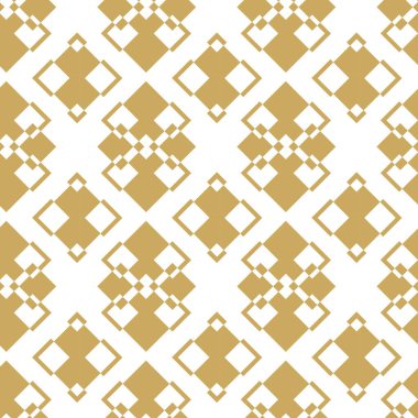 Kareler, çizgiler ve çizgilerle soyut geometrik desen. Kusursuz vektör arkaplanı. Beyaz ve altın süs. Modern grafik tasarımı.