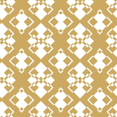 Kareler, çizgiler ve çizgilerle soyut geometrik desen. Kusursuz vektör arkaplanı. Beyaz ve altın süs. Modern grafik tasarımı.